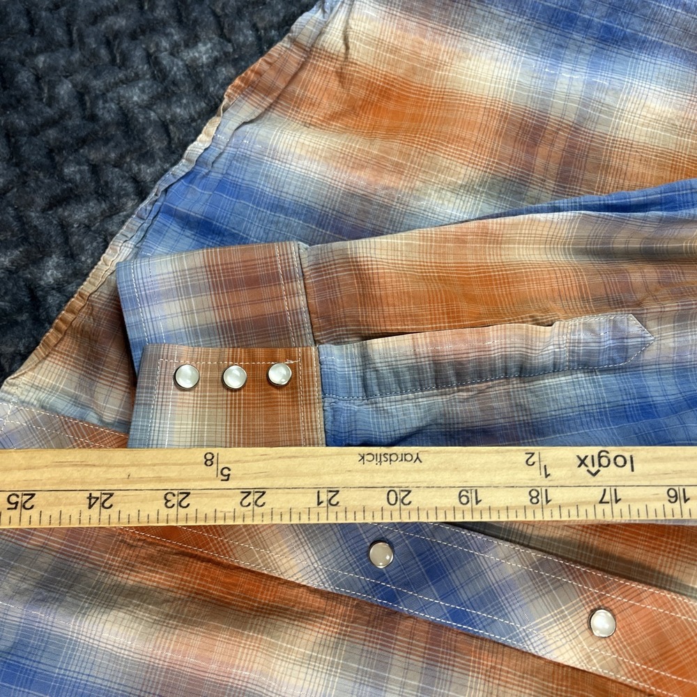 Wrangler Blue and Orange Plaid Western Pearl Snap Shirt - Picture 8 of 10